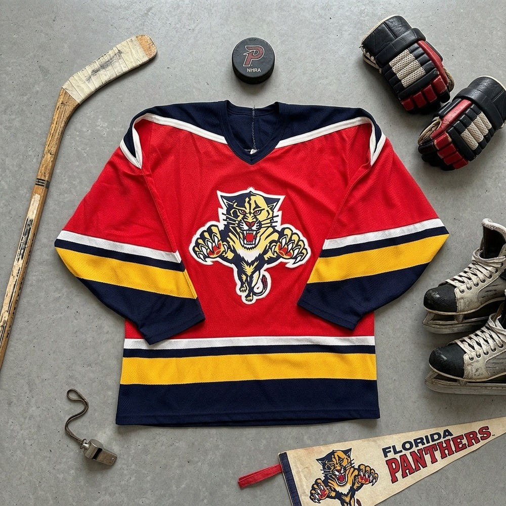 Vintage CCM Maska Florida Panthers NHL Jersey Mens Medium Red Navy Yellow